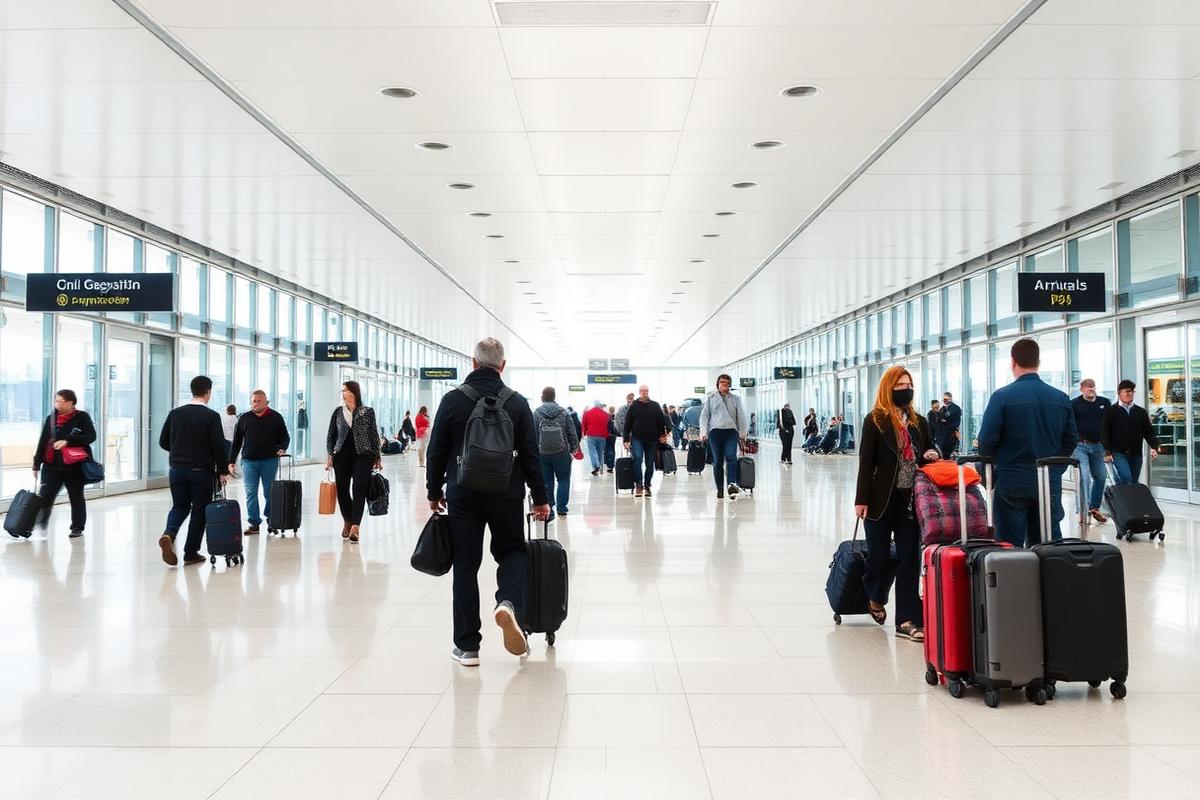 Travellers walking through a bright airport arrivals hall with luggage