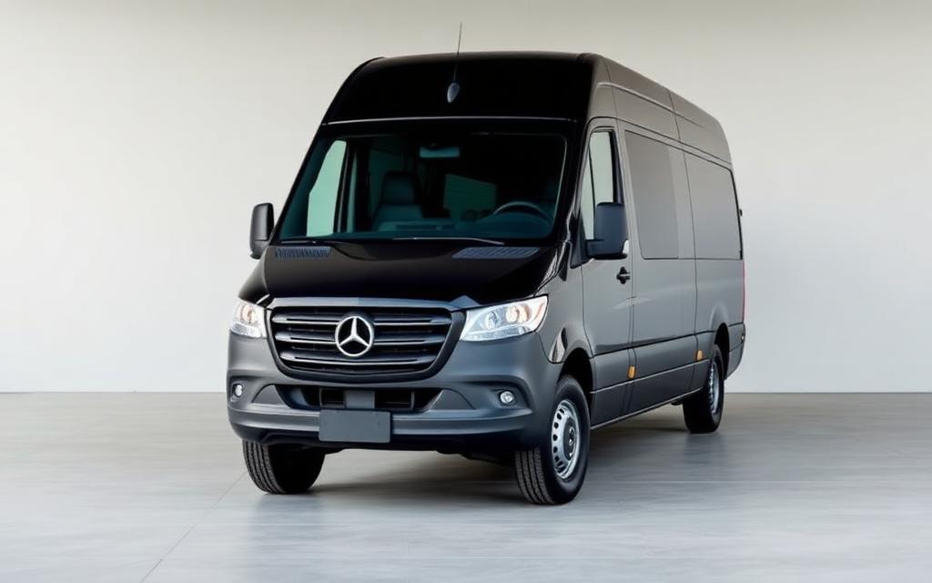 Black passenger sprinter van used for group airport transportation in Ontario