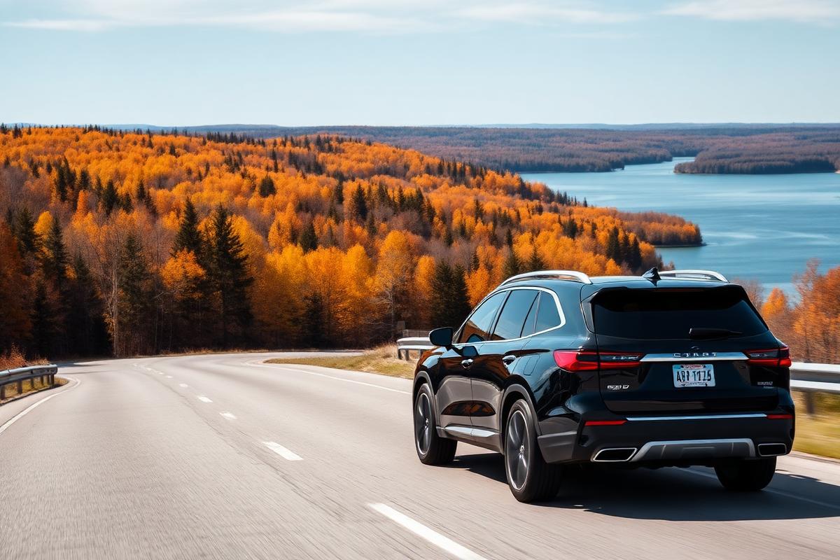 Black SUV travelling along an Ontario highway beside a lake in autumn